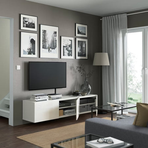 BESTA TV bench with doors, White/Selsviken high-gloss/white, 180x42x38cm