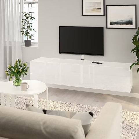 BESTA TV bench with doors, White/Selsviken high-gloss/white, 180x42x38cm
