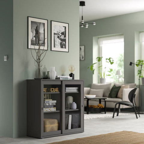 VIHALS Cabinet with sliding glass doors, Dark grey, 95x37x90cm