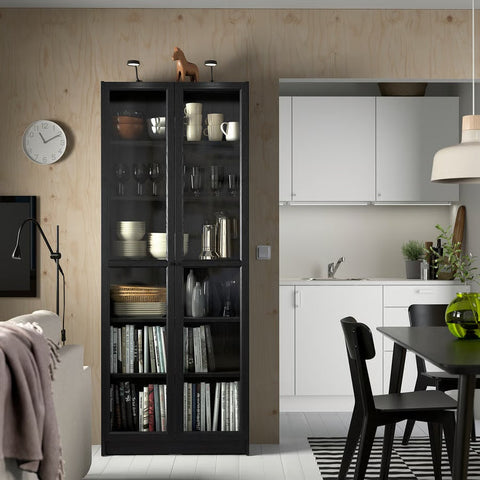 BILLY / OXBERG Bookcase with glass doors, Black oak effect, 80x30x202cm