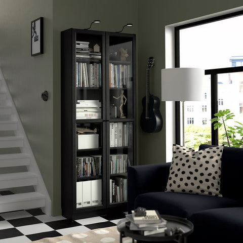 BILLY / OXBERG Bookcase with glass doors, Black oak effect, 80x30x202cm