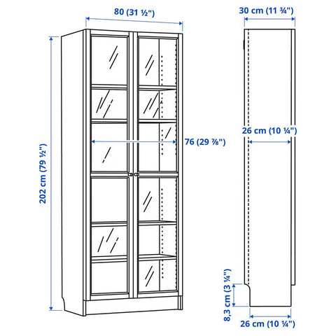 BILLY / OXBERG Bookcase with glass doors, Black oak effect, 80x30x202cm
