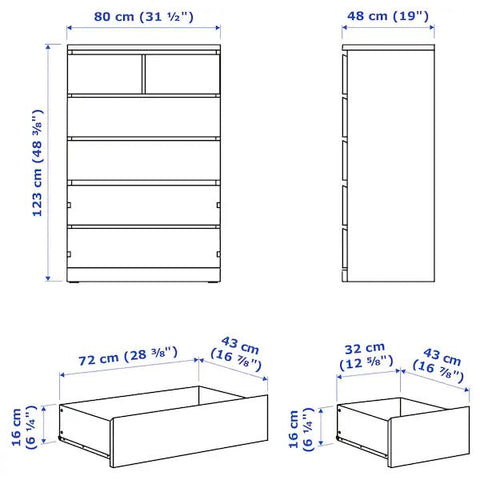 MALM Chest of 6 drawers, 80X123cm Tall, White