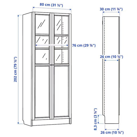 BILLY / OXBERG Bookcase with panel/glass doors, White, 80x30x202cm