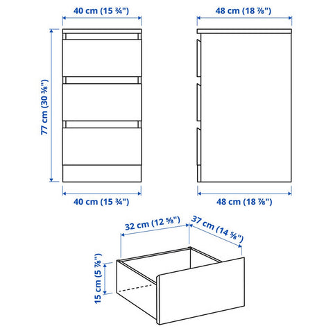 MALM Chest of 3 drawers, HIGH GLOSS WHITE, 40x78cm