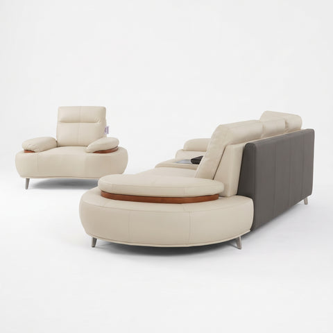 Modern Curved Sectional Leather Sofa Set with Wooden Accents & Console