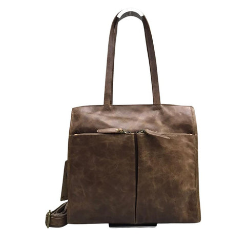 Dual Pocket Leather Tote Bag