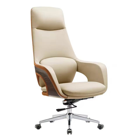 Modern Executive Genuine Leather Swivel Office Chair - Off White