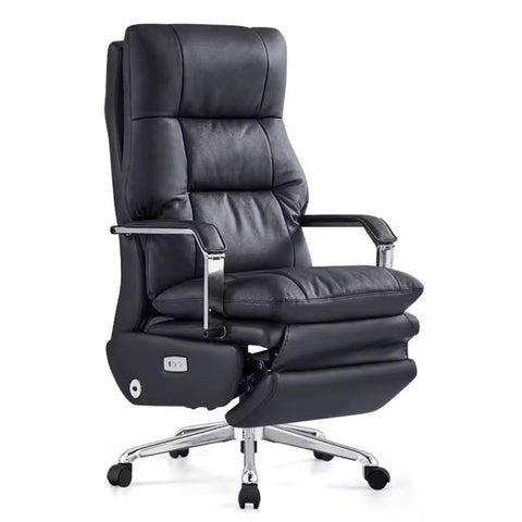 Ergonomic Genuine Leather Executive Office Chair with Adjustable Features & Stainless Steel Base - Black