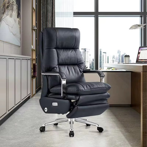 Ergonomic Genuine Leather Executive Office Chair with Adjustable Features & Stainless Steel Base - Black