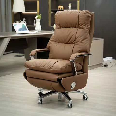 Ergonomic Genuine Leather Executive Office Chair with Adjustable Features & Stainless Steel Base - Orange
