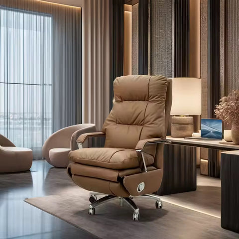 Ergonomic Genuine Leather Executive Office Chair with Adjustable Features & Stainless Steel Base - Orange