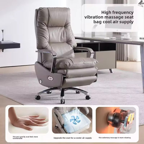 Ergonomic Genuine Leather Executive Office Chair with Adjustable Features & Stainless Steel Base - Dark Grey