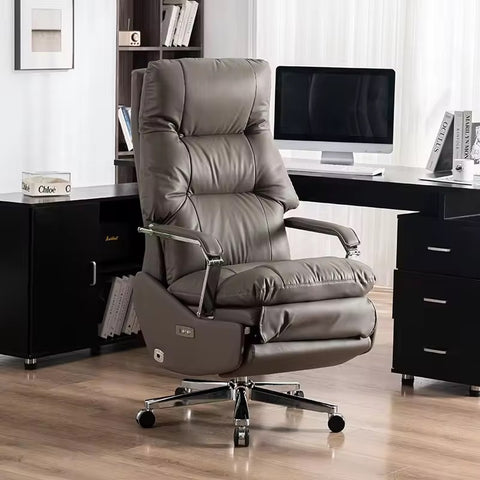 Ergonomic Genuine Leather Executive Office Chair with Adjustable Features & Stainless Steel Base - Dark Grey