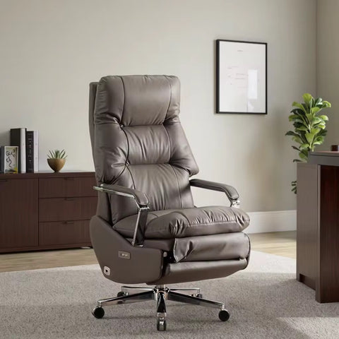 Ergonomic Genuine Leather Executive Office Chair with Adjustable Features & Stainless Steel Base - Dark Grey