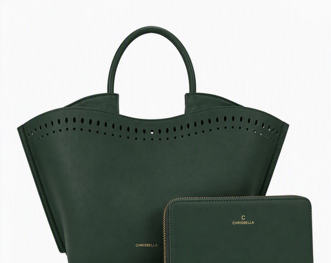 Chrisbella Laser-Cut Tote & Wallet Set (Green)