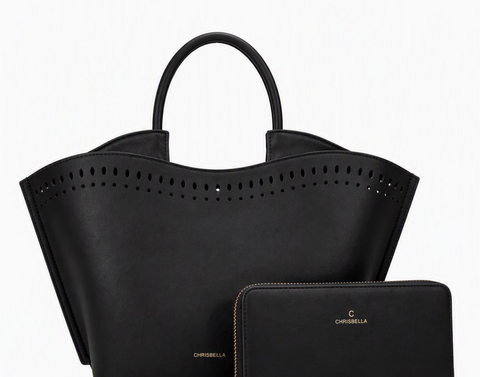 Chrisbella Laser-Cut Tote & Wallet Set (Black)