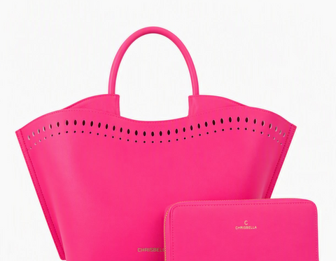 Chrisbella Laser-Cut Tote & Wallet Set (Pink)