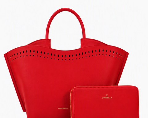 Chrisbella Laser-Cut Tote & Wallet Set (Red)