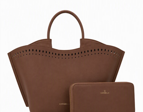 Chrisbella Laser-Cut Tote & Wallet Set (Brown)