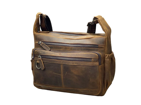 Vintage Crazy Horse Leather Multi‑Pocket Bag- Brown