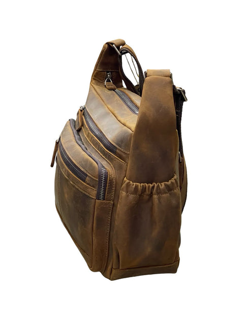 Vintage Crazy Horse Leather Multi‑Pocket Bag- Brown