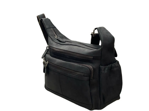 Vintage Crazy Horse Leather Multi‑Pocket Bag- Black