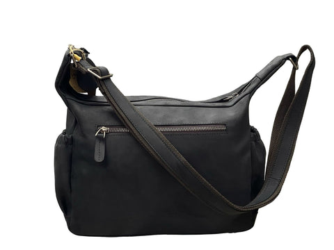 Vintage Crazy Horse Leather Multi‑Pocket Bag- Black