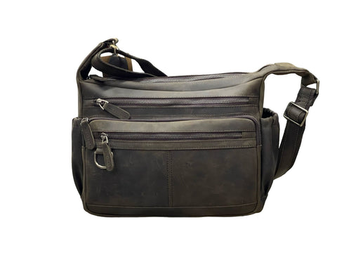 Vintage Crazy Horse Leather Multi‑Pocket Bag- Grey