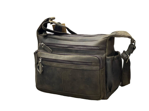 Vintage Crazy Horse Leather Multi‑Pocket Bag- Grey