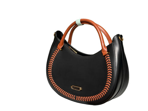 Whipstitch Crescent Hobo Bag- Black