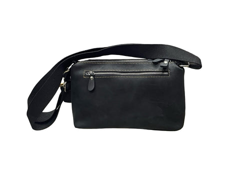 Classic Black Leather Crossbody Bag – Compact Everyday Shoulder Messenger Bag