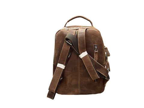 Vintage Distressed Leather Mini Backpack – Rustic Brown Multi-Pocket Everyday Backpack