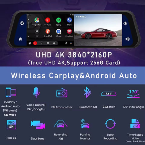 Smart Car Mirror Dash Cam with Wireless Apple CarPlay & Android Auto