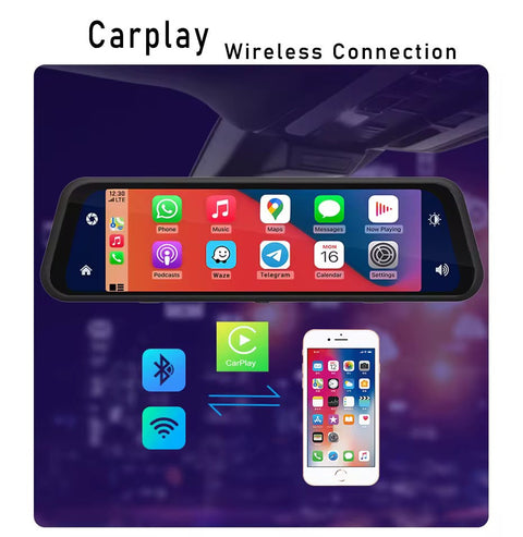 Smart Car Mirror Dash Cam with Wireless Apple CarPlay & Android Auto