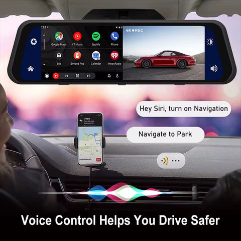 Smart Car Mirror Dash Cam with Wireless Apple CarPlay & Android Auto