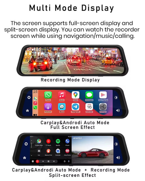 Smart Car Mirror Dash Cam with Wireless Apple CarPlay & Android Auto