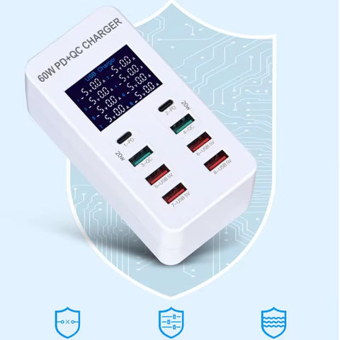 60W 8-Port USB Fast Charger Station with LCD Display (PD 20W + QC 3.0)