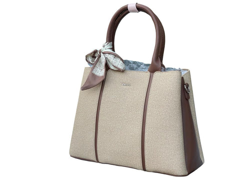BAGCO Elegant Two-Tone Handbag with Scarf Accent (Light Brown)