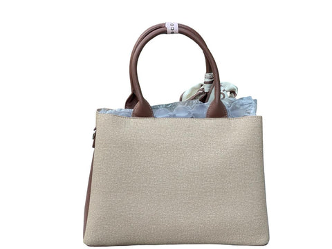 BAGCO Elegant Two-Tone Handbag with Scarf Accent (Light Brown)