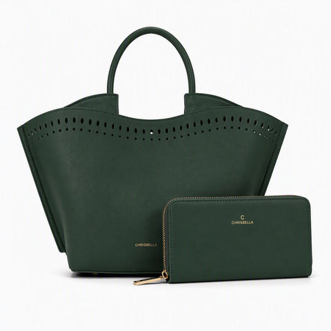 Chrisbella Laser-Cut Tote & Wallet Set (Green)
