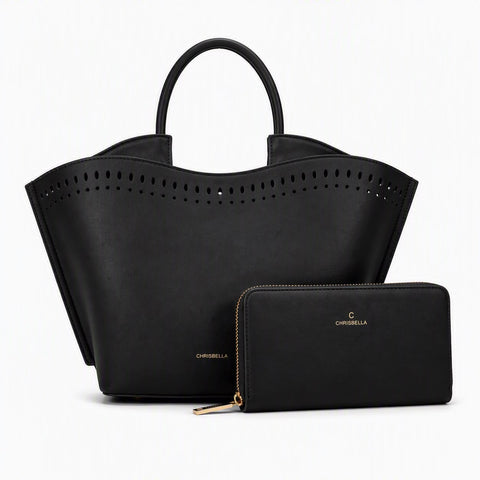Chrisbella Laser-Cut Tote & Wallet Set (Black)