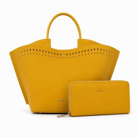 Chrisbella Laser-Cut Tote & Wallet Set (Yellow)