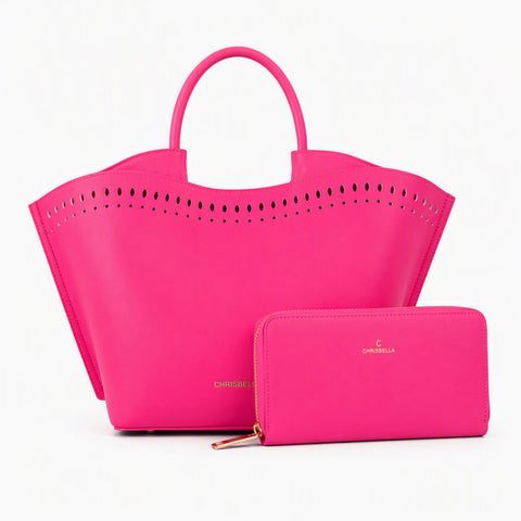 Chrisbella Laser-Cut Tote & Wallet Set (Pink)