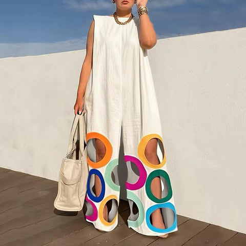 Women's Colorful Circle Print Sleeveless Wide-Leg Jumpsuit