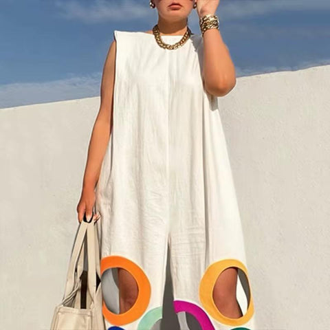 Women's Colorful Circle Print Sleeveless Wide-Leg Jumpsuit