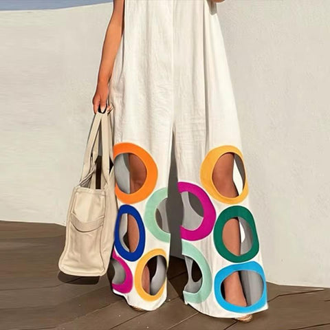 Women's Colorful Circle Print Sleeveless Wide-Leg Jumpsuit