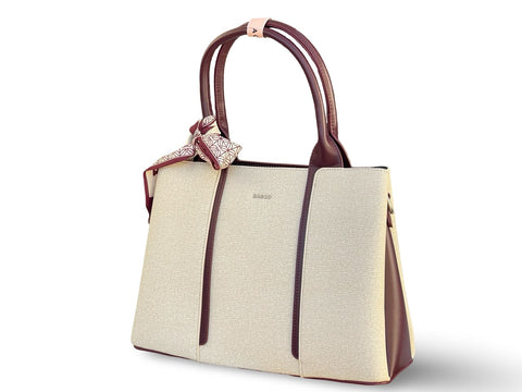 BAGCO Woven Panel Structured Tote with Silk Accent (Cream)