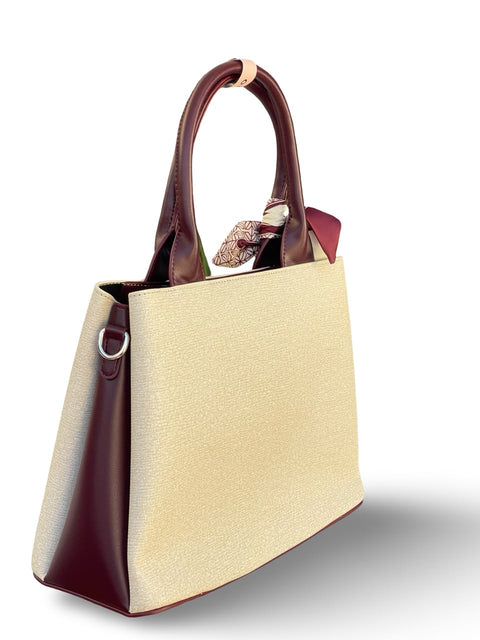 BAGCO Woven Panel Structured Tote with Silk Accent (Cream)