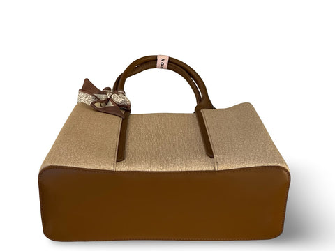 BAGCO Woven Panel Structured Tote with Silk Accent (Light Brown)